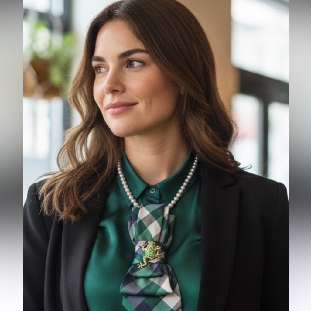 “Dainty Dapper”Elegant Green And Gold Brooch Necktie Necklace